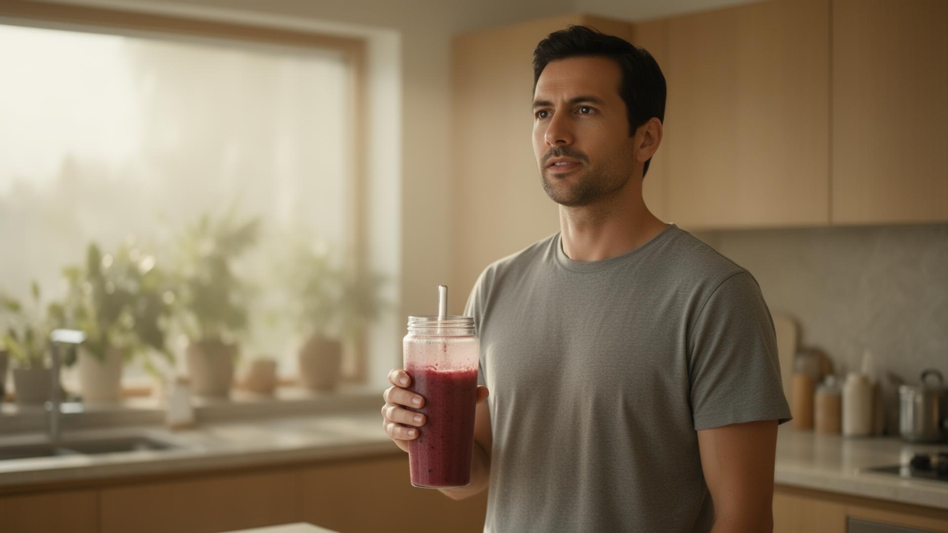 Man in a sunlit kitchen holding a glass of itsokay daily reset powder