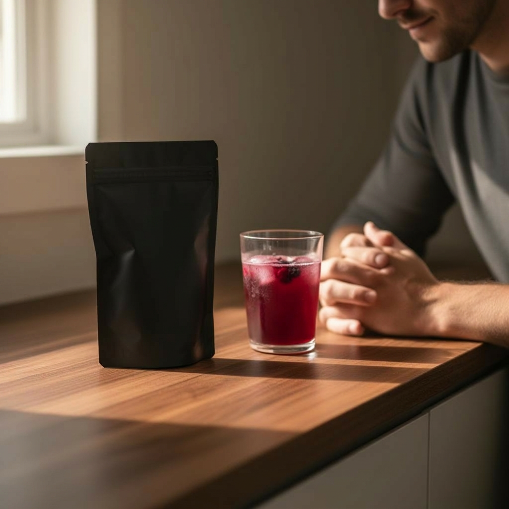 Matte black itsokay pouch beside a glass of the daily reset drink on a wooden counter